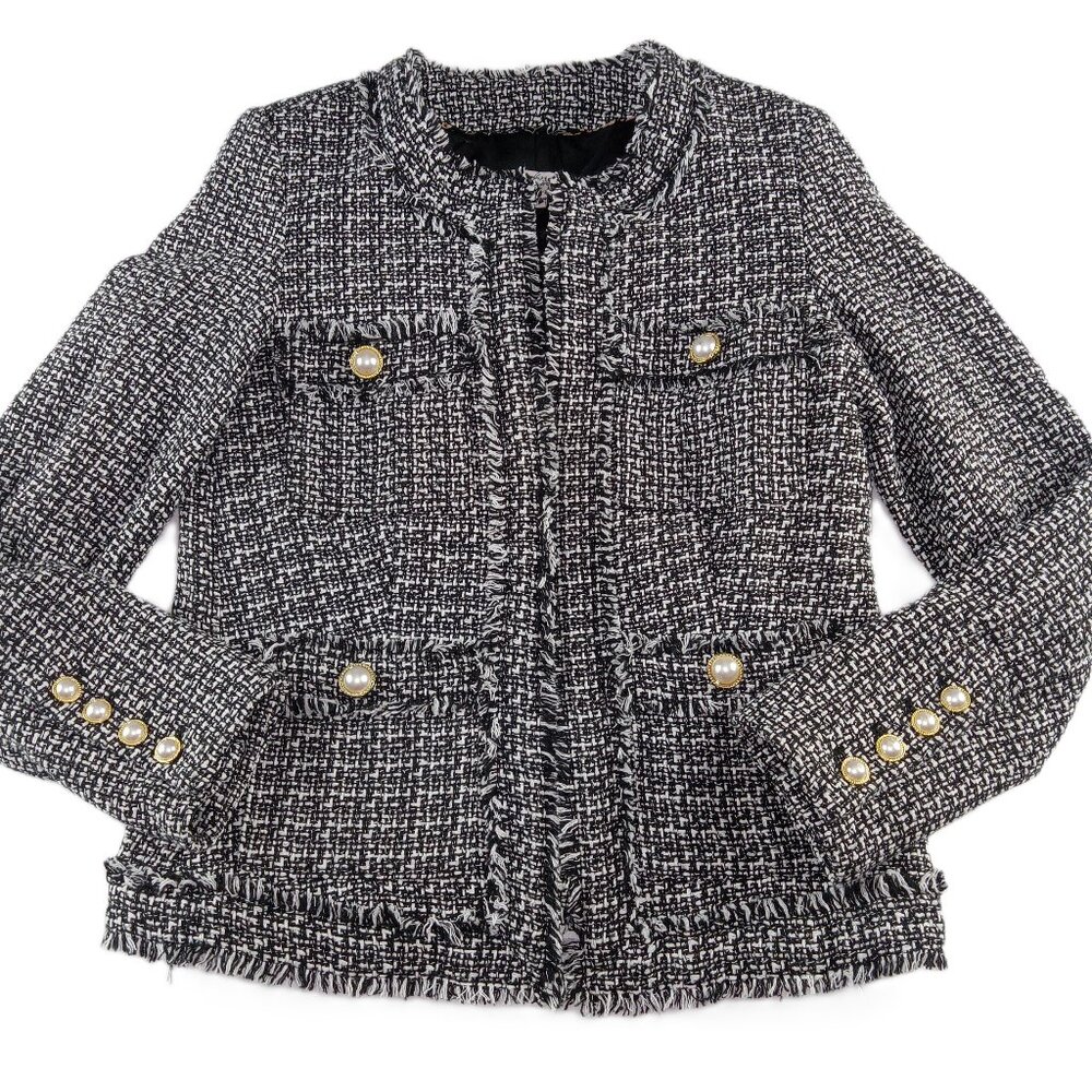 Nanette Lepore Women's Open Front Tweed Blazer Size 4 Black White Pearl Buttons